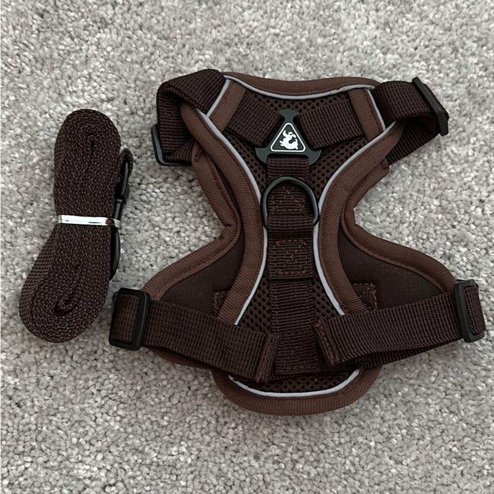 Chocolate color small pet harness with leash easy to wear breathable size M